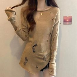 Women's Sweaters 2023 Korean Fashion Autumn Pullover Blouse Hollow Out Grey Sweater Women Solid Split Knit Jumper Long Sleeve Tops Pullovers