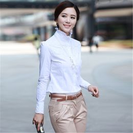 Women's Blouses Shirts S-XXL Women Lace Floral crochet Elegant White OL Office blouse Autumn Long sleeve Stand collar Shirt Pure Colour Tops PZ1203 230424
