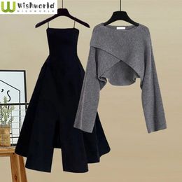 Two Piece Dress Spring and Autumn Set Women s 2023 Korean Fashion Cross Knitted Sweater Age Reducing Sling 231124