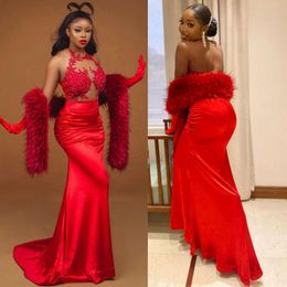 Velvet Red Aso Ebi Mermaid Prom Dress Halter Backless Sexy Lace Formal Party Evening Second Reception Birthday Engagement Bridesmaid Gowns African Dresses AM008