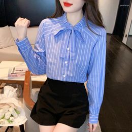 Women's Blouses Ladies Fashion Casual Bandage Stripe Shirts Blouse Women Tops Woman Button Up Shirt Female Girls Long Sleeve Py8752