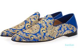 gold embroidery loafers flat heel blue groom wedding dress shoes big size euro 38-46