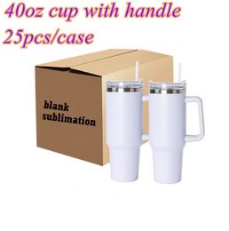 Sublimation Blanks 40oz Tumbler With Handle and Straw Lid Vacuum Insulated Double Wall 18/8 Stainless Steel Travel Mug Water Bottle Cup Heat Transfer Printing ss0424