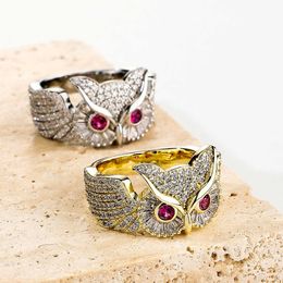 New Hip-hop Style Zirconium Filled Owl Band Ring For Men And Women INS Trendy Personalised Index Finger Rings 14k Real Gold Plated Bijoux Rapper Australia Jewellery