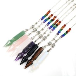 Pendant Necklaces Silver Plated Pen Shape Many Colors Quartz Stone 3D Link Chain Healing Chakra Pendulum Jewelry