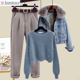 Women s Jackets Winter Plush Thickened Wool Collar Denim Jacket Knitting Sweater Flocking Casual Trousers Three Piece Elegant Pants Suit 231124