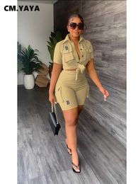 Women's Tracksuits CM.YAYA B label embroidery Women's Set Short Sleeve Pocket Front Shirt and Cargo Shorts Suit 2023 Two 2 Piece Set Outfit Tracksuit P230419