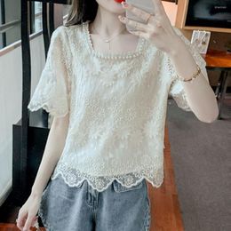 Women's Blouses 2023 Summer Sweet Embroidered Chiffon Shirt For Women's Beaded Square Neck Lace Ladies Apricot Loose Tops Elegant