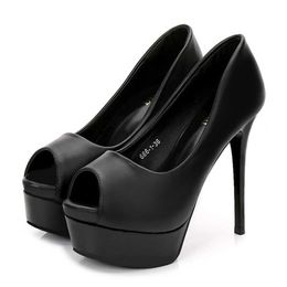 Black Soft Leather Ladies Work Shoes Spring Fall Concise Peep Toe Platform High Heels Dress Party Shallow Women Pumps 14CM 230424