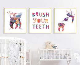 Dental Poster Tooth Fairy Watering Wall Art Canvas Prints Watercolor Painting Clinic Dentist Decoration Wall Pictures Kids Room4753706