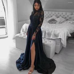 Wedding Dress Lace Beaded Top Dresses Illusion Full Sleeves A-line Satin Party Black Applique Slit Customized Vestidos De