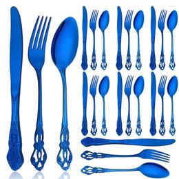 Dinnerware Sets 24Pcs Elegant Blue Stainless Steel Western Tableware Knife Spoon Fork Royal Flatware Cutlery Set Silverware