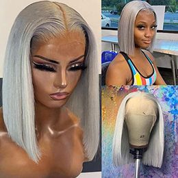 13x4 Silver Grey Short Bob Human Hair Wigs For Women HD Transparent Straight Glueless Lace Frontal Wig