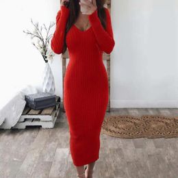 Casual Dresses Sexy Women Elastic Bodycon Sweater Elegant Long Dress V Neck Backless Ribbed Slim Knitted Midi Lady Clothing