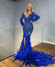 Blue Dark Mermaid Prom Dresses Long Sleeves V Neck Appliques Sequins Beaded Floor Length Lace Diamonds Feather Slit Evening Dress Bridal Gowns Plus Size Custom