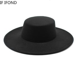Wide Brim Hats Bucket Hats French Women's Hat Big Wide Brim 10CM Fedora Hat Winter Wool Derby Wedding Jazz Hats Flat Top Felt Hat 230422