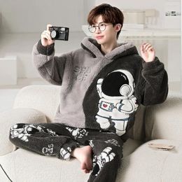 Men's Sleepwear Winter Men Pijama Sets 2PCS Adult Korean Hooded Pyjama Male Loungewear Cool Thicken Soft Warm Pajama