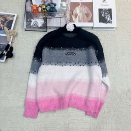 2024 Rainbow Striped Pullovers Designer O Neck Long Sleeves Women Sweaters Milan Runway Letter Letter Cryals Mohair Sweaters Womens 112404