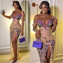 2023 Aso Ebi Luxurious Mermaid Prom Dress Made Made Flowers Beaded Crystals Formal Party Evening Second Reception Birthday Engagement Bridesmaid Gowns AM004