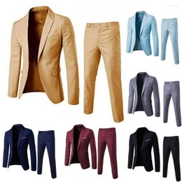 Men's Suits 1 Set Men Blazer Pants Skin-touch Suit Jacket Trousers Turndown Collar Pure Colour One Button Daily Wear