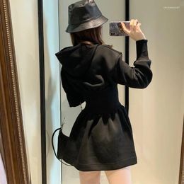 Casual Dresses Korean Women Black Hooded Fashion Robe Femme Thicked Tunic A-line Dress 2023 Vestidos De Mujer Y2k Clothes
