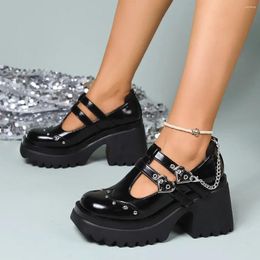 Dress Shoes Autumn Women's Punk Round Toe Platform Shallow Metal Chain Chunky Heel Mary Jane For Women Student Pumps