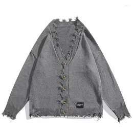 Men's Sweaters Autumn Mens Knitted Cardigan Hip Hop Ripped V-Neck Jumper Sweater Streetwear Harajuku Fashion Casual Knit Jacket Coats