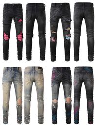 Designer Clothing Denim Pants Amiiri Pink Coloured Cashew Flower Patch with Holes Splashed Ink Coloured Jeans Distressed Ripped Skinny Motocycle Biker pants for sale