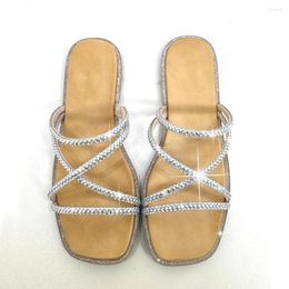 Sandals Brand 2023 Summer Dropship In Stock Women Slipper Sparkle Crystals Shoes Leisure Flat Comfy Beach Vacation Footwear