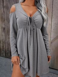 Casual Dresses Drawstring Criss-Cross Cold Shoulder Mini Dress 2023 Autumn Long Sleeve Elegant Fashion Ladies V-Neck Large Swing Vacation