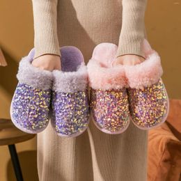 Slippers Sequins Plush Slipper For Women Girls Fashion Kawaii Fluffy Winter Warm Woman House Cotton Ladies Bling Shoes