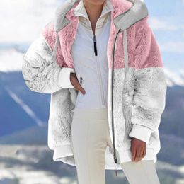 Women's Jackets Pink Fur Jacket Women Autumn Winter Warm Long Sleeve Zipper Outwear Ladies Fleece Zip Up Oversize Hooded Coat Kpop Plush