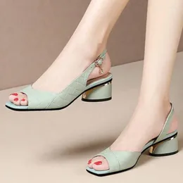 Sandals Summer Women Square Head Pumps Back Strap Thick Heels Shoes Peep Toe Ladies Classical Dress Sandalias Mujer