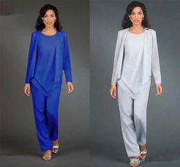 3 Yeni Tasarımcı Parçaları Kraliyet Mavi Gelin Pantolonunun Annesi Uzun Kollu Şifon Kadın Parti Elbiseleri Lady Akşam Elbisesi