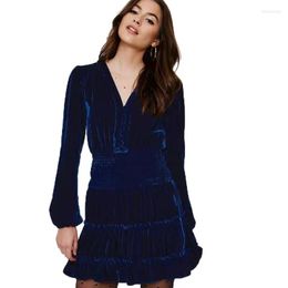 Casual Dresses OUMEA Women Royal Blue Silk Velvet Dress Ladies Long Sleeve Smocked Waist Elegant Party V Neck Button Front Ruffle Hem