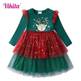 Girl s Dresses VIKITA Girls Christmas Year Kids Elk Snowflakes Print Long Sleeve Autumn Winter Princess Cute Fashion Dress 3 12 Yrs 231124