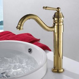 Bathroom Sink Faucets Luxury Gold Color Deck Mounted Basin Faucet Swivel Spout Single Handle Vessel Mixer Brass Taps