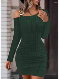 Casual Dresses Autumn And Winter Solid Metal Button Oblique Shoulder Neck Tight Wrap Hip Slim Fit Sexy Long Sleeve Dress For Women