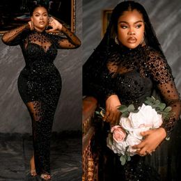 2023 Aso Ebi Black Luxurious Mermaid Long Sleeves Prom Dress Tulle Beaded Party Evening Second Reception Birthday Engagement Nigeria Style Gowns Dresses AM010