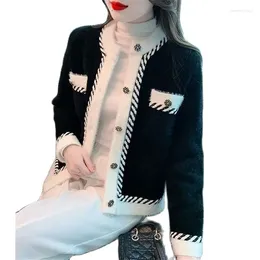 Women's Knits 2024 Spring Autumn Winter Mink Fleece Sweater Coat Cardigan Knitted Jacket Design Contrast Color Ladies Knitwear Top