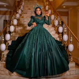 Gorgeous Hunter Green Satin Prom Dresses Arabic Women caftan 2024 High Neck Long Sleeves Lace Appliques Plus Size Evening Occasion Gowns