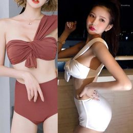 Women's Swimwear 2023 Womens One Shoulder Bikinis Set Ladies Two Pieces Swimsuit High Waisted Bathing Suit Solid Colour Beachwear Ins