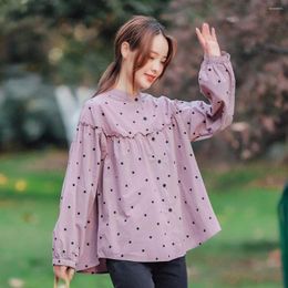 Women's Blouses Spring Pink Collar Wave Point Fresh And Sweet Lady Cardigan Ruffled Long Sleeve Cotton Shirt.