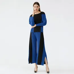 Women's Two Piece Pants Miyake Pleated Bat Long Sleeve Top Women 2023 Spring Korean Fashion Sets Wide Leg Designer Elegant Clothing