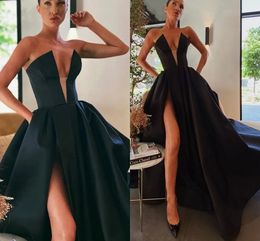 Sexy Deep V-neck Evening Pageant Dress 2024 Strapless Side Split Satin A-line Women Prom Formal Party Gowns Christmas Wear Robe De Soiree
