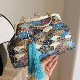 Evening Bags Vintage Women Chain Shoulder Tassle Messenger Designer Blue Purple Handbags Kiss Lock Shell Clip Prom Clutch 231123