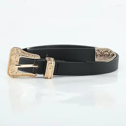 Belts 2023 Vintage Carved Gold Buckle For Women's Fashion Thin Pu Black Metal Female Exquisite Jeans Dress Waistband