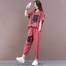 Women's Two Piece Pants 2Pcs/Set O-Neck Short Sleeve Casual Outfit Elastic Waistband Pockets Women Printing Top Cropped Activewear