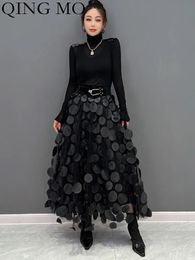 Skirts QING MO Polka Dot Women Skirt Black Spring Autumn Korean Fashion Trend Patchwork Mesh Skirt Streetwear Dress ZXF1016 231124