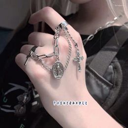 Cluster Rings Punk Hip-Hop Cross Ring Hand Finger Chain Adjustable Silver Colour Plated Retro Jewellery Gift For Men Women Unisex